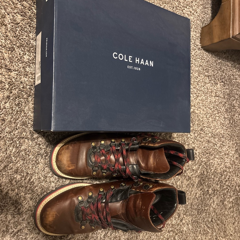 Cole Haan Men's Dark Brown Leather Boots with Red Accents